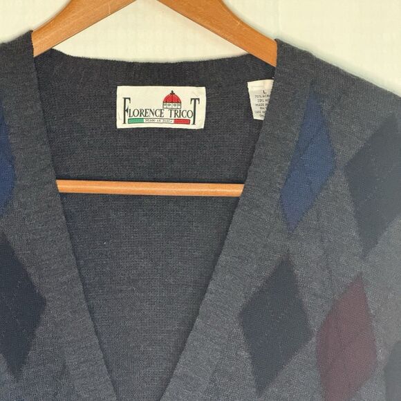Vintage Florence Tricot Arygle Cardigan Sweater Mens L Gray V Neck Made in Italy - Picture 2 of 6